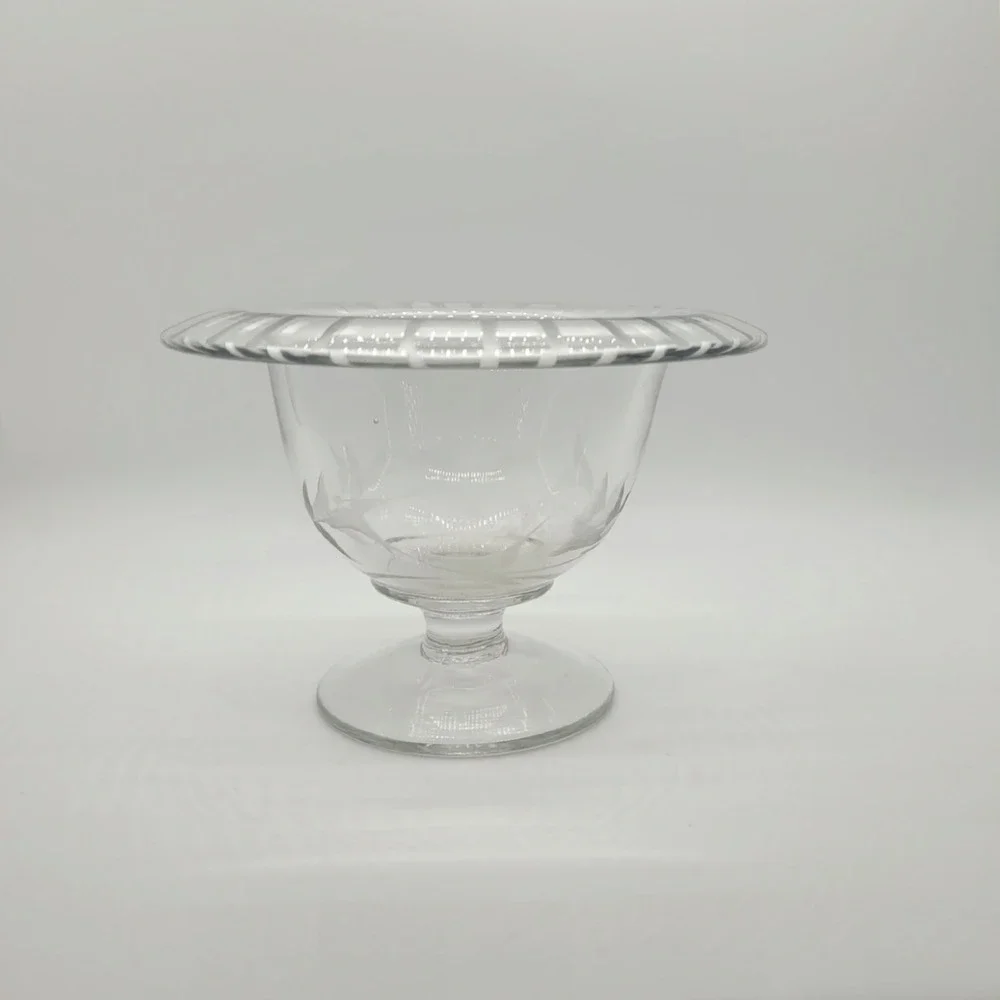 Vintage Etched Glass Footed Bowl Floral Butterfly Frosted Striped Rim Compote‎